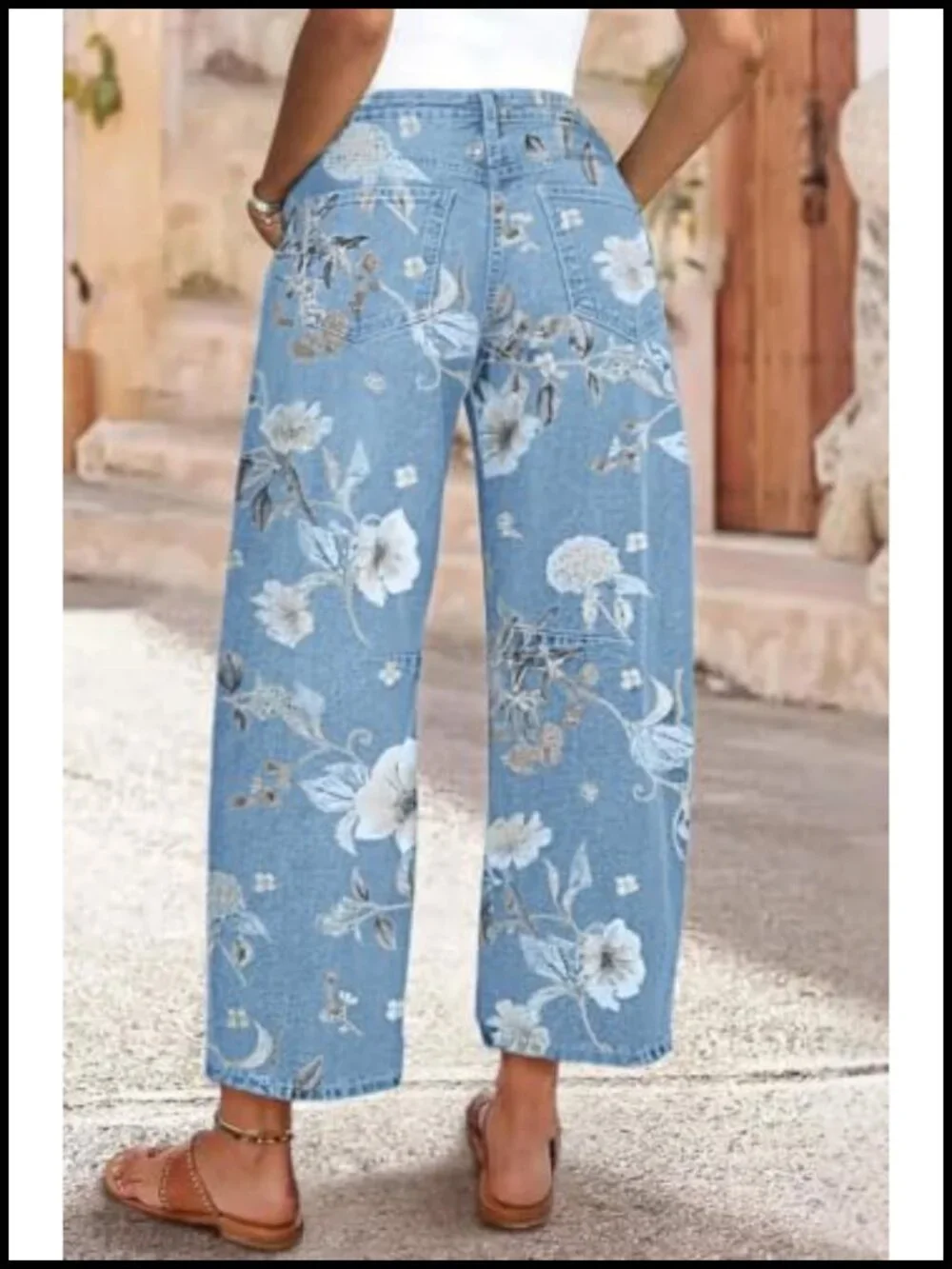 Women Boyfriend Floral Print Baggy Barrel Jeans Cargo Patchwork Wide Leg